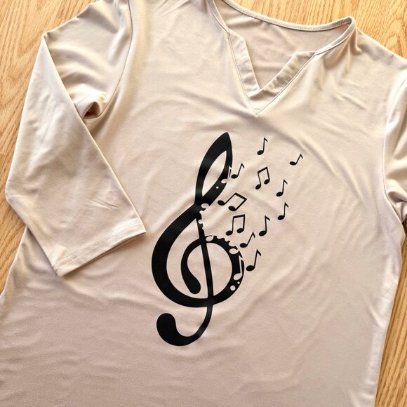 Treble Clef Music Note Top Size S Beige Graphic Shirt 3/4 Length Sleeve Tee - Picture 6 of 8